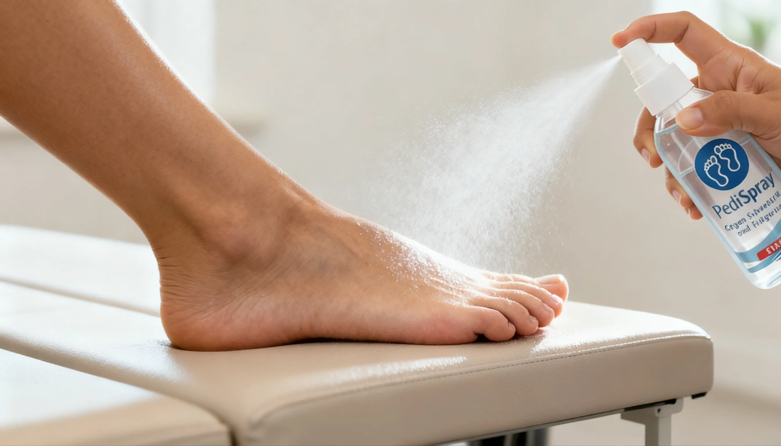 Voetdeodorant of anti-transpirant PediSpray® anti-transpirant aangebracht op schone droge voeten